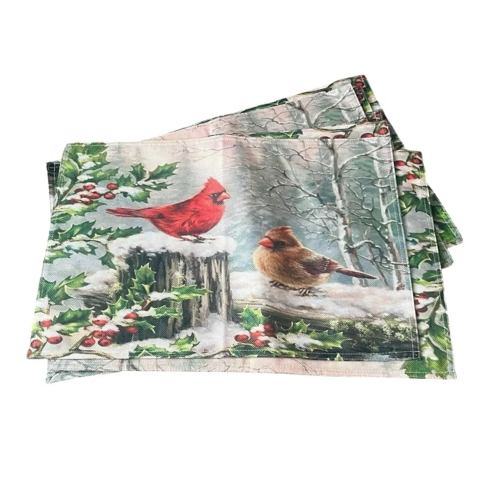 New! Wamika Winter Cardinal Birds Placemats Set of 8 Holly Berry Snow Table Mats